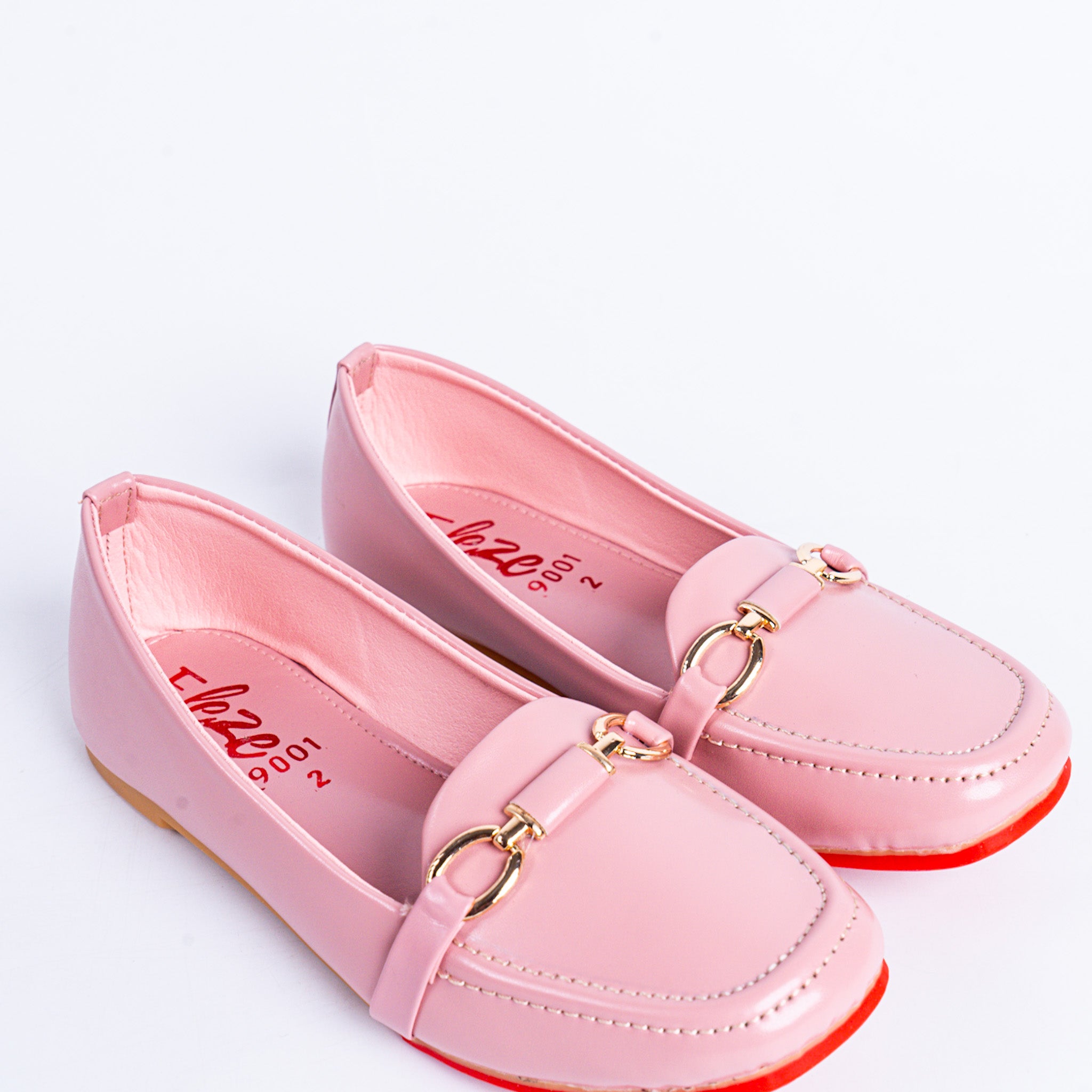 Pink Patent Loafers with Gold Bit