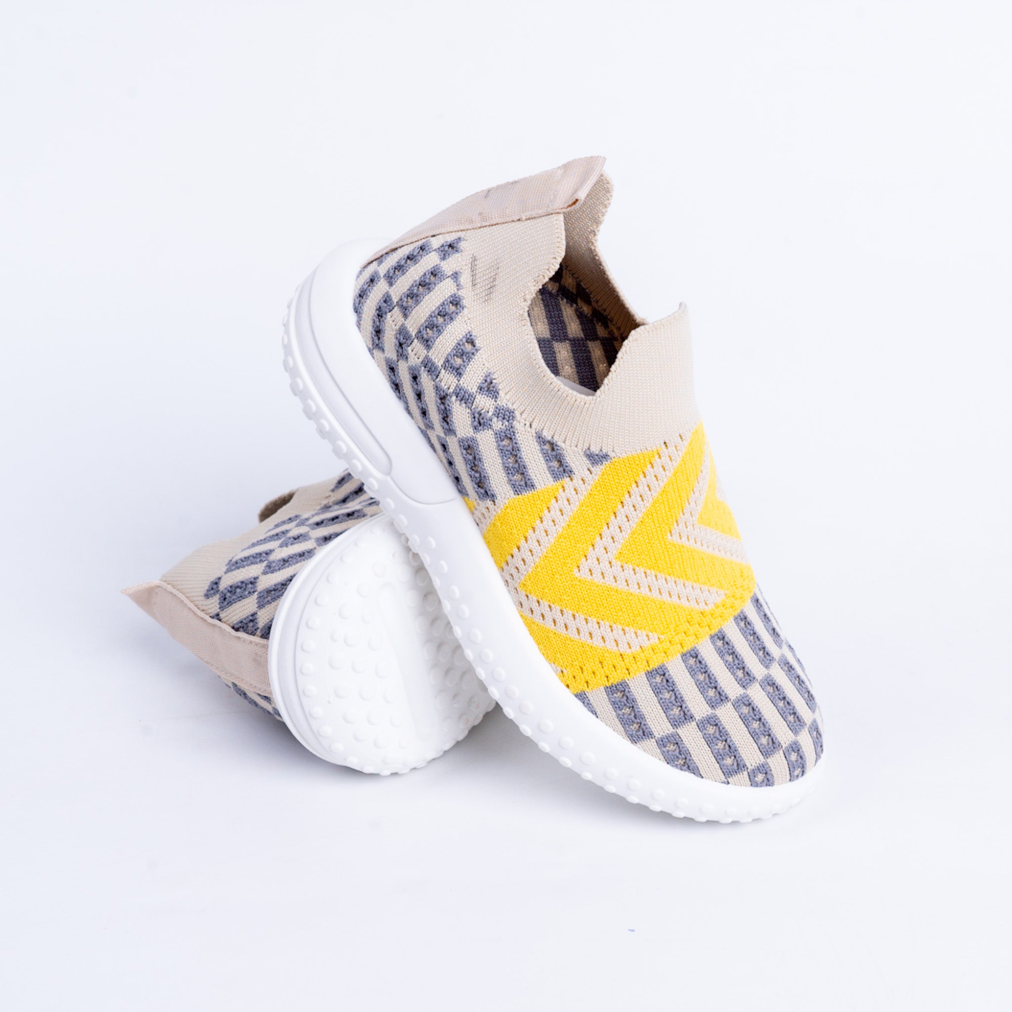 Beige and Yellow Knit Sneakers